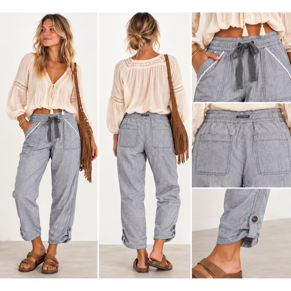Hei Hei Linen Blend Pants M Blue Striped Drawstring Pintuck Tapered Coastal Boho